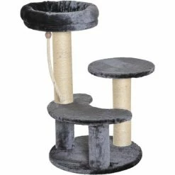 PawHut Arbre à Chats 2 Griffoirs Grattoirs Sisal Naturel 3 Plateformes Corde à Grimper Dim. Ø 40 X 65H Cm Peluche Haute Densité 500 G/m² Gris - Gris