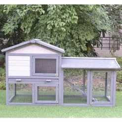 PawHut Clapier Cage à Lapins Rongeurs 2 Niveaux 3 Portes Verrouillables Tiroir à Déjection Toit Intégral Bitumé 147L X 54l X 84H Cm Bois Massif Pin Gris Blanc - Gris -PawHut Soldes Boutique 11031644 4