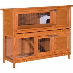 PawHut Cage A Lapin Poulailler Clapier En Bois De Pin De Grande Taille Avec 2 Etages 120x48x100 Cm - Marron