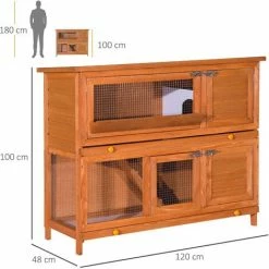 PawHut Cage A Lapin Poulailler Clapier En Bois De Pin De Grande Taille Avec 2 Etages 120x48x100 Cm - Marron -PawHut Soldes Boutique 1141656 3