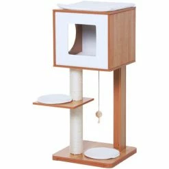 PawHut Arbre à Chats Design Contemporain Griffoir Grattoir Sisal Naturel Niche Plate-forme Jeu Boule Suspendue 50L X 40l X 91H Cm MDF Hêtre - Beige