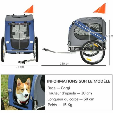 PawHut Remorque vélo pour chien animaux pliable 8 réflecteurs drapeau barre attelage inclus acier polyester imperméable max. 30 Kg 130L x 73l x 90H cm bleu - Bleu PawHut Remorque Vélo Pour Chien Animaux Pliable 8 Réflecteurs Drapeau Barre Attelage Inclus Acier Polyester Imperméable Max. 30 Kg 130L X 73l X 90H Cm Bleu - Bleu -PawHut Soldes Boutique 16630702 3