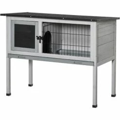 PawHut Clapier Sur Pieds Cage à Lapin Avec Niche Intérieure Plateau Excrément Coulissant Porte Verrouillable Toit Ouvrant Bois De Sapin Gris Blanc