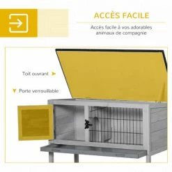 PawHut Clapier Sur Pieds Cage à Lapin Avec Niche Intérieure Plateau Excrément Coulissant Porte Verrouillable Toit Ouvrant Bois De Sapin Gris Blanc -PawHut Soldes Boutique 16924034 4