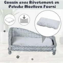 PawHut Canapé Méridienne Chiens Chats Style Cosy Chic Dim. 69L X 42l X 33H Cm Coussin Intégré Osier Gris - Gris -PawHut Soldes Boutique 17344708 4