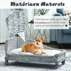 PawHut Canapé Méridienne Chiens Chats Style Cosy Chic Dim. 69L X 42l X 33H Cm Coussin Intégré Osier Gris - Gris -PawHut Soldes Boutique 17344708 5
