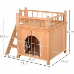 PawHut Maison Lodge - Niche Villa Avec Terrasse Escalier Et Porte Pour Chien Chat - Dim. 73L X 55l X 65H Cm - Bois Massif De Pin Pré-huilé - Beige -PawHut Soldes Boutique 17707956 3