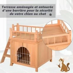 PawHut Maison Lodge - Niche Villa Avec Terrasse Escalier Et Porte Pour Chien Chat - Dim. 73L X 55l X 65H Cm - Bois Massif De Pin Pré-huilé - Beige -PawHut Soldes Boutique 17707956 5