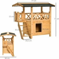PawHut Maison Lodge - Niche Villa Avec Terrasse, Escalier, Toit Pour Chien Chat - Dim. 77L X 50l X 73H Cm - Bois Massif De Pin Pré-huilé -PawHut Soldes Boutique 17742754 3