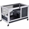 PawHut Clapier à Lapin Sur Roulettes Cage à Lapin 2 étages Porte Verrouillable Toit Ouvrant Plateau Coulissant Rampe Bois De Sapin Gris Blanc - Gris -PawHut Soldes Boutique 18565133 1