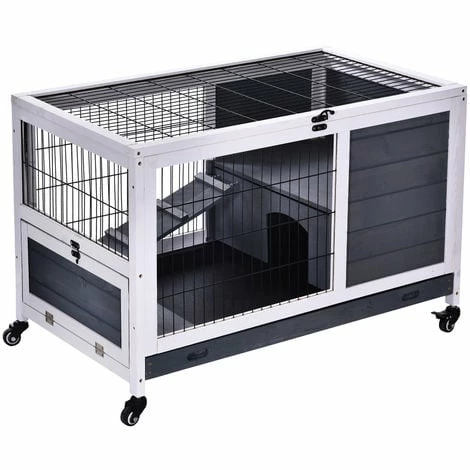 PawHut Clapier à lapin sur roulettes cage à lapin 2 étages porte verrouillable toit ouvrant plateau coulissant rampe bois de sapin gris blanc - Gris PawHut Clapier à Lapin Sur Roulettes Cage à Lapin 2 étages Porte Verrouillable Toit Ouvrant Plateau Coulissant Rampe Bois De Sapin Gris Blanc - Gris -PawHut Soldes Boutique 18565133 1