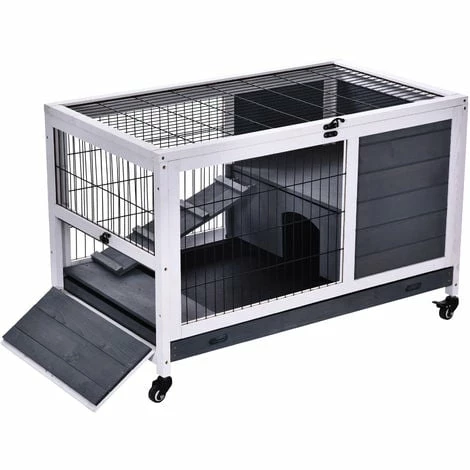 PawHut Clapier à lapin sur roulettes cage à lapin 2 étages porte verrouillable toit ouvrant plateau coulissant rampe bois de sapin gris blanc - Gris PawHut Clapier à Lapin Sur Roulettes Cage à Lapin 2 étages Porte Verrouillable Toit Ouvrant Plateau Coulissant Rampe Bois De Sapin Gris Blanc - Gris -PawHut Soldes Boutique 18565133 2