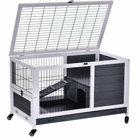 PawHut Clapier à lapin sur roulettes cage à lapin 2 étages porte verrouillable toit ouvrant plateau coulissant rampe bois de sapin gris blanc - Gris PawHut Clapier à Lapin Sur Roulettes Cage à Lapin 2 étages Porte Verrouillable Toit Ouvrant Plateau Coulissant Rampe Bois De Sapin Gris Blanc - Gris -PawHut Soldes Boutique 18565133 4