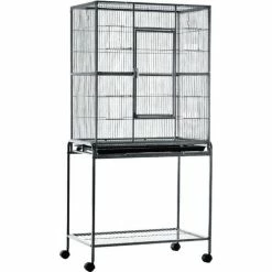 PawHut Cage à Oiseaux Portable Avec 4 Mangeoires Et 4 Perchoirs Pratique 81 X 48 X 163 Cm Noir Et Gris - Gris