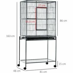 PawHut Cage à Oiseaux Portable Avec 4 Mangeoires Et 4 Perchoirs Pratique 81 X 48 X 163 Cm Noir Et Gris - Gris -PawHut Soldes Boutique 22857304 3