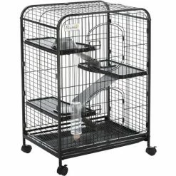 PawHut Cage Pour Petits Animaux Roulante 3 Rampes 3 Plates-formes Plat Et Bouteille D'Eau Bac Inférieur Amovible Acier PP Noire - Noir