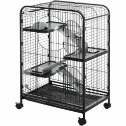 PawHut Cage Pour Petits Animaux Roulante 3 Rampes 3 Plates-formes Plat Et Bouteille D'Eau Bac Inférieur Amovible Acier PP Noire - Noir -PawHut Soldes Boutique 22964258 4