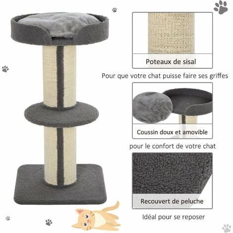 PawHut Arbre à chat avec griffoir centre d'activités 2 plateformes coussin gris PawHut Arbre à Chat Avec Griffoir Centre D'activités 2 Plateformes Coussin Gris -PawHut Soldes Boutique 23460879 5