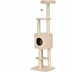 PawHut Arbre à Chats Avec Griffoir Niche Poteaux Peluche Haute Densité 45L X 40L X 148H Cm Beige