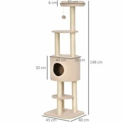 PawHut Arbre à Chats Avec Griffoir Niche Poteaux Peluche Haute Densité 45L X 40L X 148H Cm Beige -PawHut Soldes Boutique 23460882 3