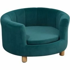 PawHut Canapé Chien Lit Pour Chien Chat Avec Accoudoirs Coussin Moelleux Pieds Bois Massif Dim. 65 X 64 X 37 Cm Velours Bleu Canard - Bleu
