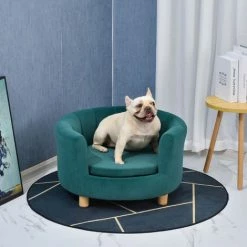 PawHut Canapé Chien Lit Pour Chien Chat Avec Accoudoirs Coussin Moelleux Pieds Bois Massif Dim. 65 X 64 X 37 Cm Velours Bleu Canard - Bleu -PawHut Soldes Boutique 23980704 4