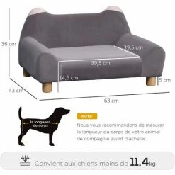 PawHut Canapé Chien Lit Pour Chien Design Dossier Oreilles Pieds Bois Massif Dim. 63 X 43 X 31 Cm Velours Gris - Gris -PawHut Soldes Boutique 23980713 3