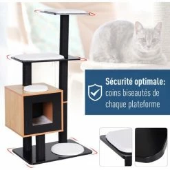 PawHut Arbre à Chats Design Contemporain Griffoirs Grattoirs Sisal Naturel Centre D'activités Niche Plate-formes Jeu Boules Suspendues 71L X 49l X 120H Cm MDF Noir Hêtre - Noir -PawHut Soldes Boutique 24594331 5