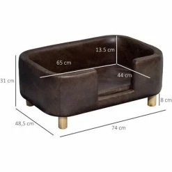 PawHut Canapé Chien Lit Pour Chien Chat Avec Rebord Coussin Moelleux Pieds Bois Massif Dim. 74 X 48,5 X 31 Cm Revêtement Micro-fibre Chocolat -PawHut Soldes Boutique 25007899 3