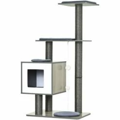 PawHut Arbre à Chats Design Contemporain Griffoirs Grattoirs Sisal Naturel Centre D'activités Niche Plate-formes Jeu Boules Suspendues 71L X 49l X 120H Cm MDF Hêtre Gris - Gris