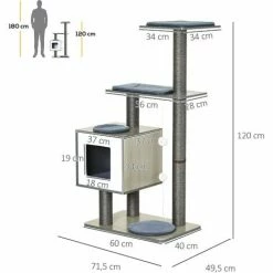 PawHut Arbre à Chats Design Contemporain Griffoirs Grattoirs Sisal Naturel Centre D'activités Niche Plate-formes Jeu Boules Suspendues 71L X 49l X 120H Cm MDF Hêtre Gris - Gris -PawHut Soldes Boutique 25008571 3