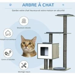 PawHut Arbre à Chats Design Contemporain Griffoirs Grattoirs Sisal Naturel Centre D'activités Niche Plate-formes Jeu Boules Suspendues 71L X 49l X 120H Cm MDF Hêtre Gris - Gris -PawHut Soldes Boutique 25008571 4