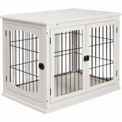 PawHut Cage Pour Chien Animaux Cage En Bois MDF Classe E1 3 Portes Verrouillables Max. 30 Kg Dim. 81L X 58l X 66H Cm Blanc Noir - Blanc