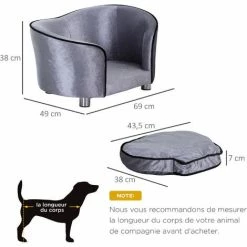 PawHut Canapé/lit Pour Chien/chat Canapé Animaux Avec Accoudoir Et Dossier 69x49x38cm - Gris -PawHut Soldes Boutique 25009386 3