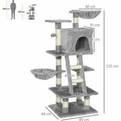 PawHut Arbre à Chats Multi-équipements Griffoirs Grattoirs Niche Plateformes + échelle + Hamacs + Boule Suspendue Gris - Gris -PawHut Soldes Boutique 25009430 3