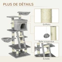 PawHut Arbre à Chats Multi-équipements Griffoirs Grattoirs Niche Plateformes + échelle + Hamacs + Boule Suspendue Gris - Gris -PawHut Soldes Boutique 25009430 5