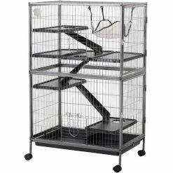 PawHut Cage Pour Rongeurs Multifonction 4 Plateformes 3 Rampes 4 Portes Dim. 80L X 52l X 128H Cm Métal Gris Argenté Noir - Gris