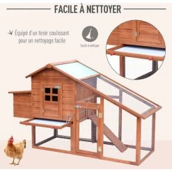 PawHut Poulailler Cottage Cage à Poules Sur Pied Dim. 190L X 66l X 116H Cm Multi-équipement Bois Massif Pin Pré-huilé - Marron -PawHut Soldes Boutique 27596477 5