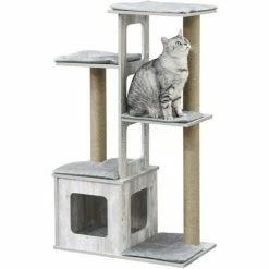 PawHut Arbre à Chats Design Contemporain Griffoirs Grattoirs Sisal Naturel Niche Plate-formes 6 Coussins MDF Bois Gris - Gris