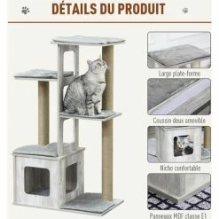 PawHut Arbre à Chats Design Contemporain Griffoirs Grattoirs Sisal Naturel Niche Plate-formes 6 Coussins MDF Bois Gris - Gris -PawHut Soldes Boutique 27642339 5