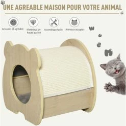 PawHut Maison Pour Chat Design - Niche Chat Panier Chat - Coussin, Grattoir Amovibles Sisal Naturel Inclus - MDF Bois Beige Clair -PawHut Soldes Boutique 27642345 4