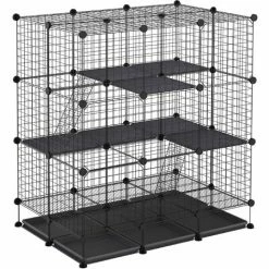 PawHut Cage Parc Enclos Rongeurs Modulable Dim. L 111 X L 75 X H 119 Cm 3 Niveaux 4 Portes Fil Métallique Noir