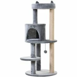 PawHut Arbre à Chats Multi-équipements Griffoirs Grattoirs Plateformes Niche Jeu Boule Suspendue Ø 48 X 104H Cm Gris