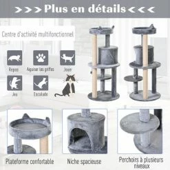PawHut Arbre à Chats Multi-équipements Griffoirs Grattoirs Plateformes Niche Jeu Boule Suspendue Ø 48 X 104H Cm Gris -PawHut Soldes Boutique 28027964 5