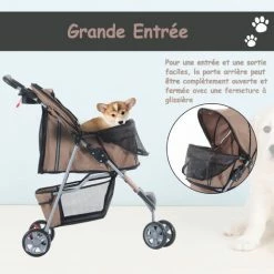 PawHut Poussette Buggy Pour Chien Chat Animaux Roue Avant Pivotante 360 Degrés Marron - Marron -PawHut Soldes Boutique 28185969 5
