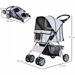 PawHut Poussette Buggy Pliable Animaux Chariot Pliant Chien Chat Porte-gobelet Panier De Rangement Inclus Roues Avec Frein Tissu 600D Oxford Métal Gris - Gris -PawHut Soldes Boutique 28189134 3