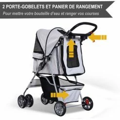 PawHut Poussette Buggy Pliable Animaux Chariot Pliant Chien Chat Porte-gobelet Panier De Rangement Inclus Roues Avec Frein Tissu 600D Oxford Métal Gris - Gris -PawHut Soldes Boutique 28189134 5