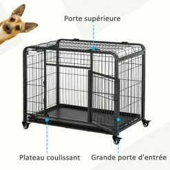 PawHut Cage Pour Chien Pliable Cage De Transport Sur Roulettes 2 Portes Verrouillables Plateau Amovible Dim. 94L X 58l X 69H Cm Métal Gris Noir - Noir -PawHut Soldes Boutique 28556652 4