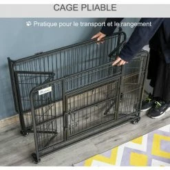 PawHut Cage Pour Chien Pliable Cage De Transport Sur Roulettes 2 Portes Verrouillables Plateau Amovible Dim. 94L X 58l X 69H Cm Métal Gris Noir - Noir -PawHut Soldes Boutique 28556652 5