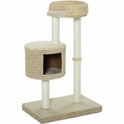 PawHut Arbre à Chats Style Cosy Chic Griffoirs Jute Naturelle Niche Plateforme Peluche Courte Bicolore Beige Café - Beige